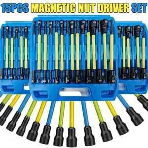 15Pcs Magnetic Nut Driver Set,Impact Power Hex Extra Long Nut Driver Drill Bit Master Kit | Metric | 1/4 Inch Hex Shank | Cr-V Steel