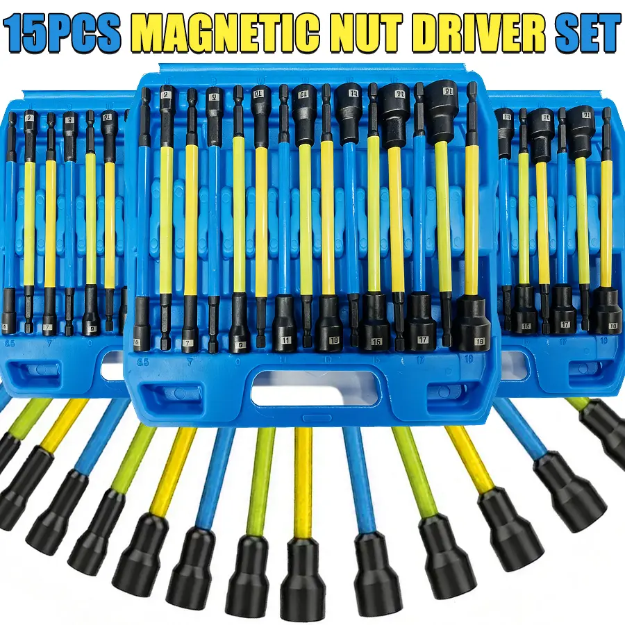 15Pcs Magnetic Nut Driver Set,Impact Power Hex Extra Long Nut Driver Drill Bit Master Kit | Metric | 1/4 Inch Hex Shank | Cr-V Steel#fathersdaygift