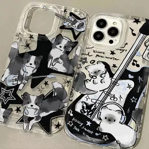 Black Guitar Music Cat Clear Phone Case for OPPO A15 A16 A17 A53 A54 A57 A60 A92 A93 A94 A98 2020 4G 5G luxury Airbag Shockproof