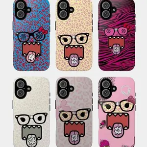 Cartoon Face Phone Case Set, Domo Phone Case spiral glasses leopard zebra bow headphones heart gear tongue pink yellow blue white vibes, baddie aesthetic gift play now, iPhone 17 16 15 14 13 12 Pro Max Plus