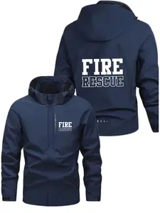 Men's Fashionable Fire Logo Jacket, Casual Hooded Design, Zipper Pockets, Polyester Material, Loose Fit, Spring & Fall Wear