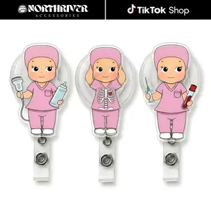 Cute Nurse Pink Scrubs Badge Reel Retractable Set Kawaii Xray Skeleton Ultrasound Phlebotomy Acrylic ID Card Holder Medical Students Gift