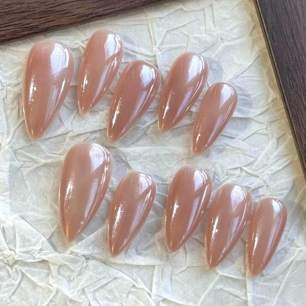 Nude Pearl Chrome Press On Nails, Glazed Donut Pearlescent Jelly Nails, Classic Elegant Handmade Custom Fake Nails, Minimal Nail Set