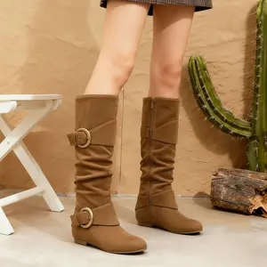 Women's Slouchy Knee-high Boots Wide Width Extra Wide Calf Faux Suede Flat Heel Round Toe Footwear with Side Zipper & Two Metal Buckle Ruched Design Fashion Comfortable 2025 Fall Winter Long Tall Boots Girl Casual Dress Shoes Botas for Daily Wear
