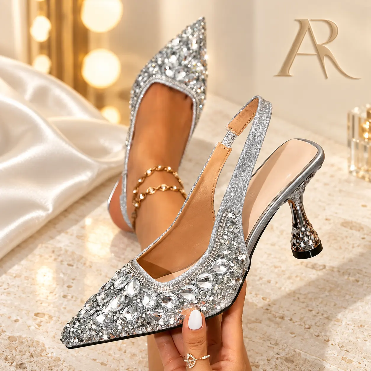 Women's Elegant Formal Pointed-Toe Kitten Heel PU Glitter Cinderella Mules - Lightweight, Soft Insole Comfortable Heels, Ideal for Weddings, Daily Commuting, Shoes for Women, Girl, Free Shipping