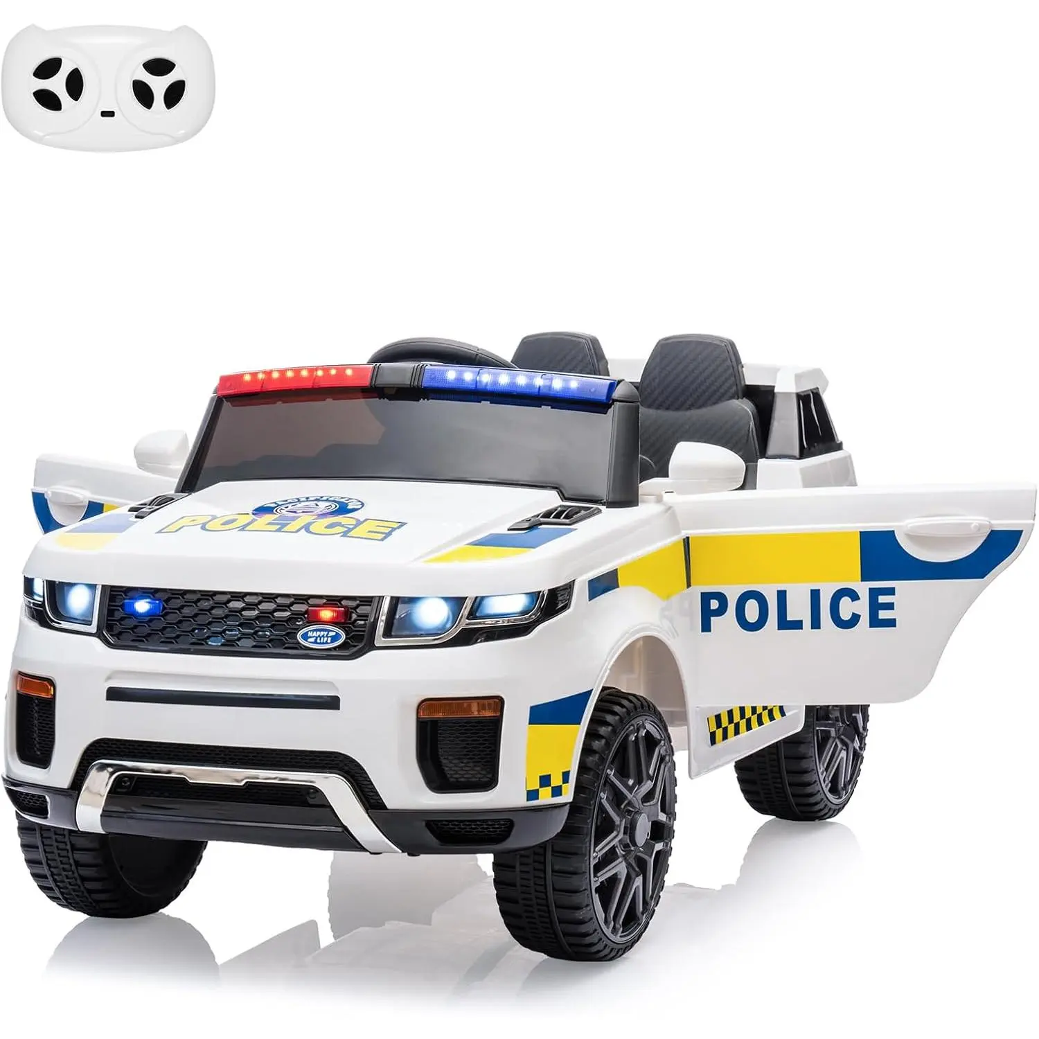 12V Kids 2-Seater Ride On Police Car w/ Remote, Flashing Lights, Megaphone, Music, Suspension & Handle for Kids 3-8