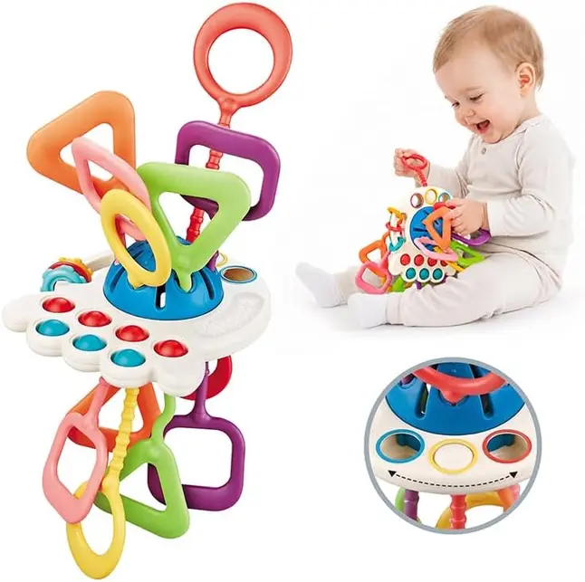 6-in-1 Montessori Pull String Sensory Toy for Babies | Silicone Activity Toy with Teether | Travel Toy for Car Seat & Stroller | Baby Gift for 6-12 Months