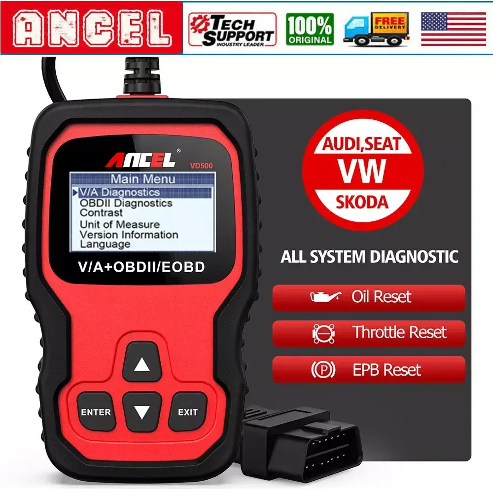 ANCEL VD500 OBD2 Scanner for Volkswagen VW Audi Skoda Seat, Full System Diagnostic Tool Check Engine EPB ABS SRS Code Reader with Oil Throttle Position Adaption Brake Pad Reset