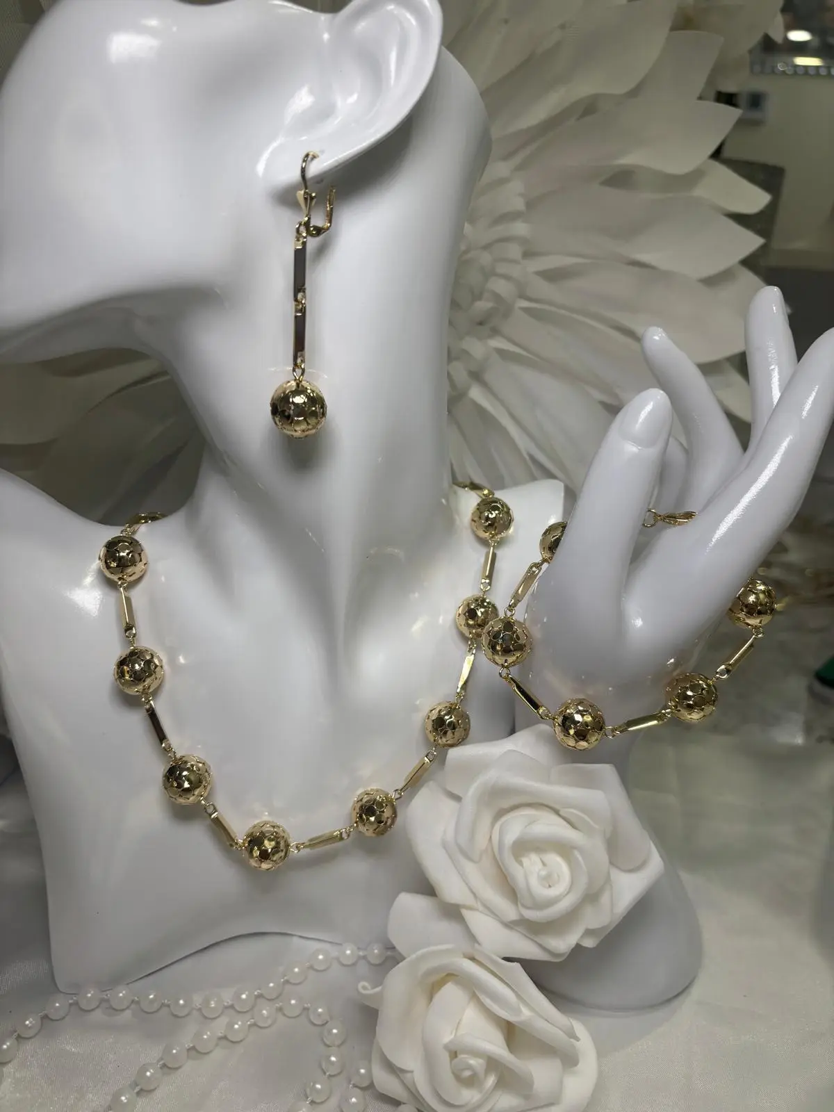 Set Bolas - Cadena Pulsera y Aretes Laminado en 14K