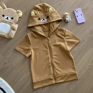 Bear Ears Japanese Cute Jackets Women 2025 Ropa Mujer Short Sleeve Zipper Tunic Coat Y2k Tops Casual Fashion Japanese Outwear