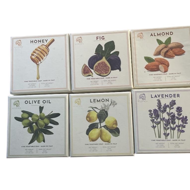 Alchimia Almond Honey Olive Almond Fig Lavender Lemon Fine Vegetable Soap Set of 3 Made in Italy Natural Ingredients Rich Lather Delicate Aroma