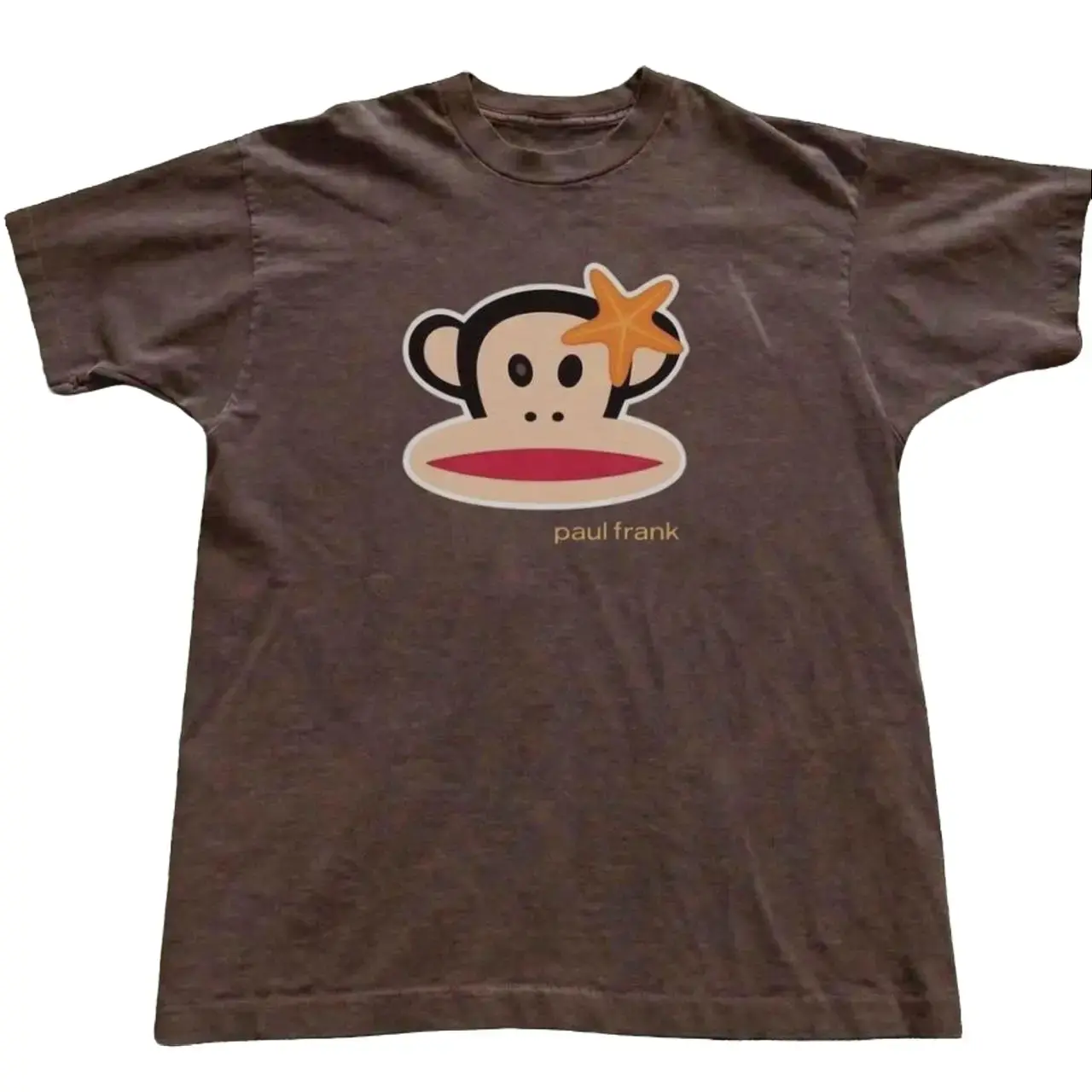 Retro Paul Frank Monkey with Starfish Graphic T-Shirt, Cute Summer Beach Design Tee Unisex Faded Brown Retro Short Sleeve Shirt