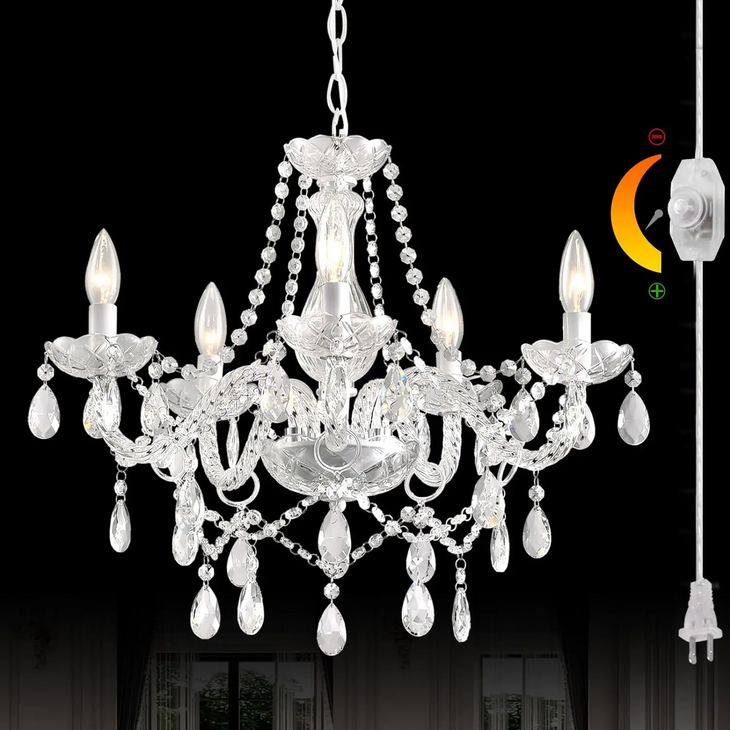 DIMMABLE Plug-in Glass Chandelier 5 Light Crystal, White Hanging Pendant Light Fixture with Cord, Classic Vintage K9 Crystals Beads Elegant Lighting