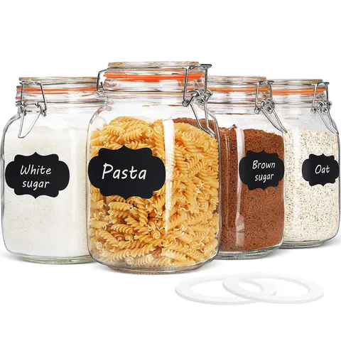Syntic 4-Pack 50oz Transparent Glass Jars with Silicone-Seal Airtight Stainless Covers, Wide Mouth Recyclable Food Storage Bottles with Chalkboard Labels for Kitchen Preserving (1.5-Gallon Total Capacity)
