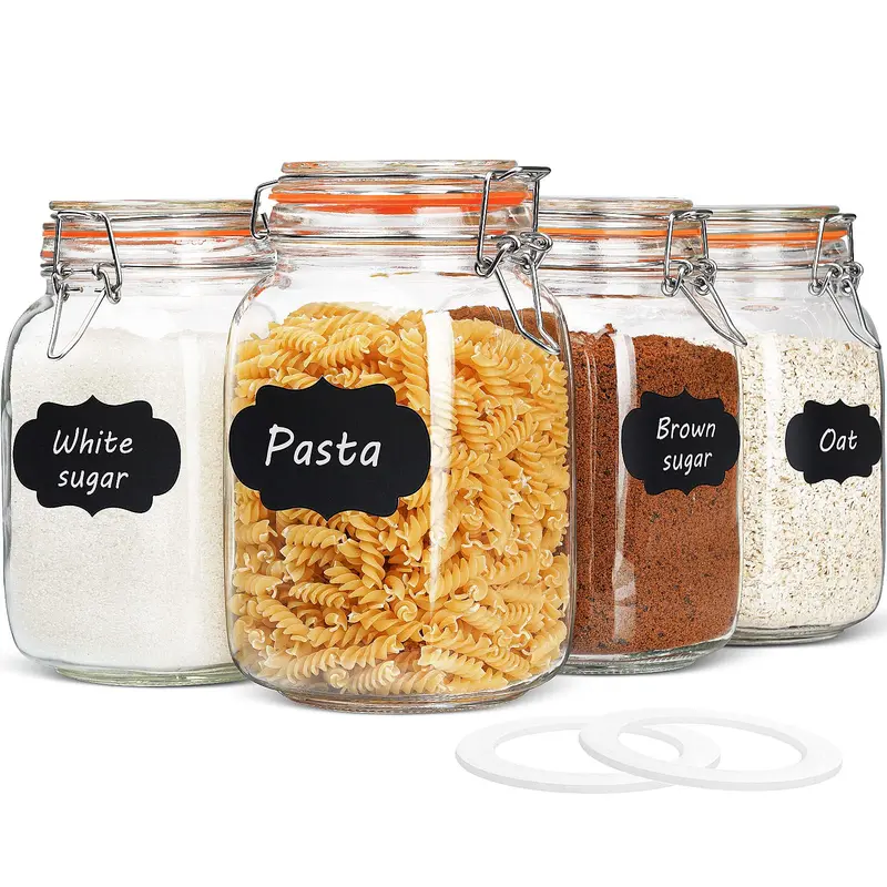 Syntic 4-Pack 50oz Transparent Glass Jars with Silicone-Seal Airtight Stainless Covers, Wide Mouth Recyclable Food Storage Bottles with Chalkboard Labels for Kitchen Preserving (1.5-Gallon Total Capacity)