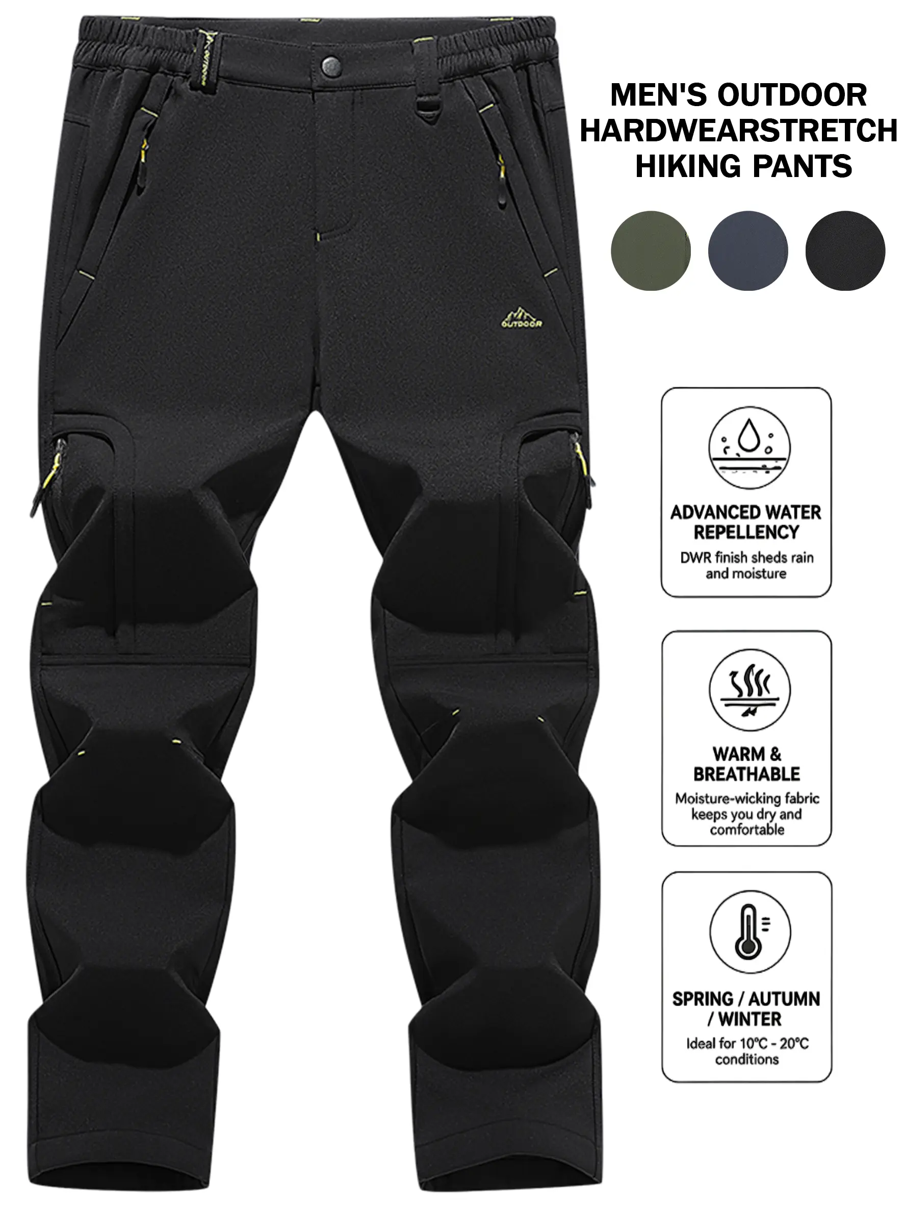 Men’s Fleece‑Lined Softshell Cargo Hiking Pants, Windproof Water‑Repellent Winter Outdoor Trousers, Adjustable Waist Multi Zipper Pockets Straight‑Leg Snow Pants for Cold Weather