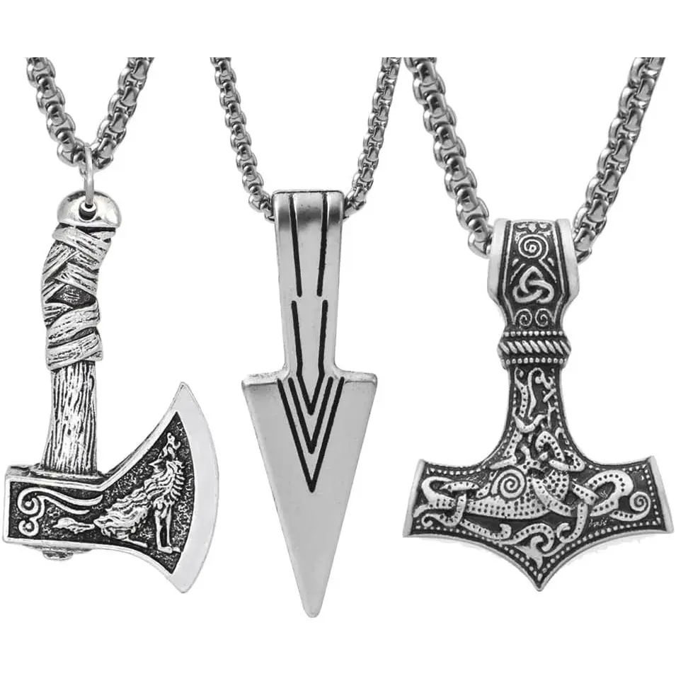 Viking Necklace Set for Men, 3-Piece Norse Jewelry - Thor’s Hammer Mjolnir, Viking Axe & Spearhead Pendants with Chains, Vintage Viking Gift Pouch Included