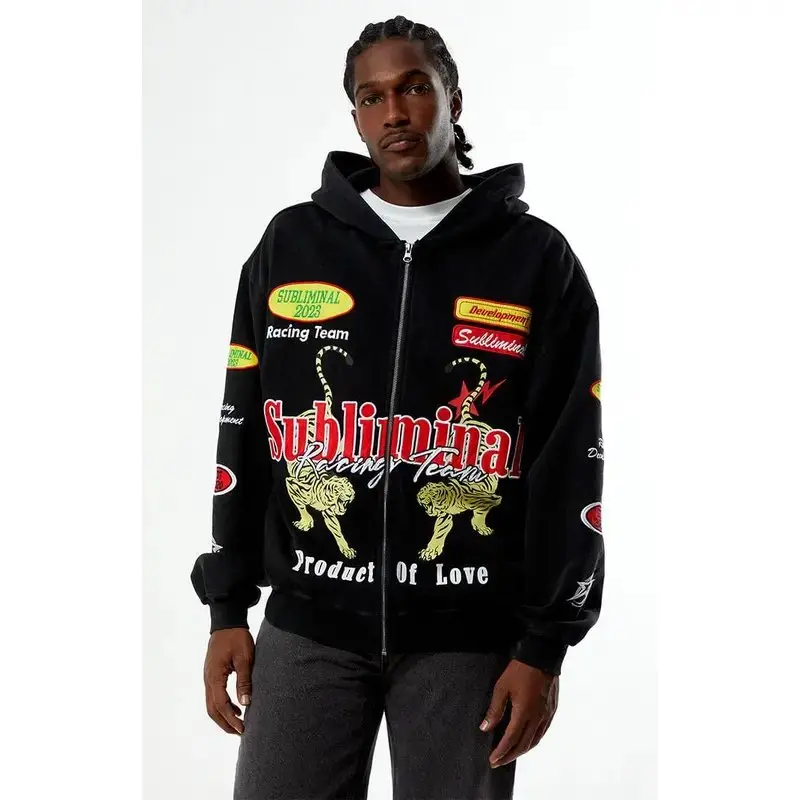 PacSun Subliminal Racing Full Zip Hoodie – Vintage Hip Hop Streetwear Sweatshirt, Y2K Retro Racing Graphic Hooded Jacket for Men, Full Zip Casual Urban Fashion, Weekend Travel Wear, Concert Outfit