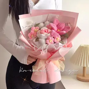 Handmade Knitted Crochet Flower Bouquet, 1 Bunch Artificial Flowers for Home Decor, Parties, Weddings & Anniversaries — Perfect Valentine’s Day, Birthday, Mother’s Day, Father’s Day & Thanksgiving Gift, Decorative Artificial Flower Set