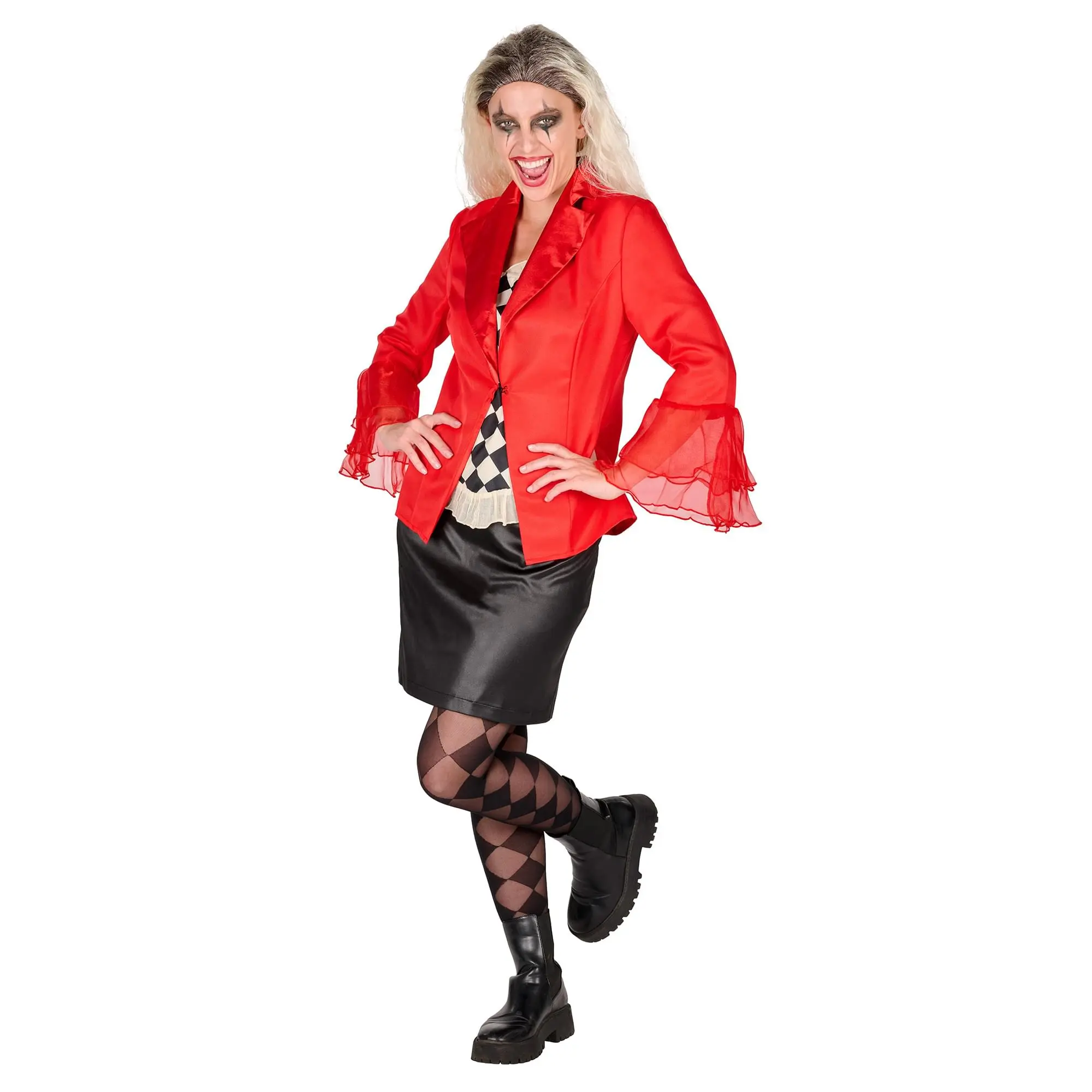 Women's 3-Piece Costume Set, Partner in Crime Theme with Strapless Diamond Print Top, Frilly Red Blazer Jacket, and Black Mini Skirt, Clothes, Accessories, Prints, Cosplay Gear