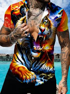 Colorful Tiger Pattern Short Sleeve Shirt, Men's Summer Printed Casual Shirt, Personalized Trendy Style