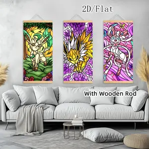 [2D-Flat]3pcs Exquisite Posters Canvas Wall Art Anime Wooden Scroll Hanging Painting, With Wooden Ord Art Decor HD Poster, Pattern for Living Room, Best Gift for Friends, Indoor-Outdoor Decor, Ink HD Fade-Resistant Art