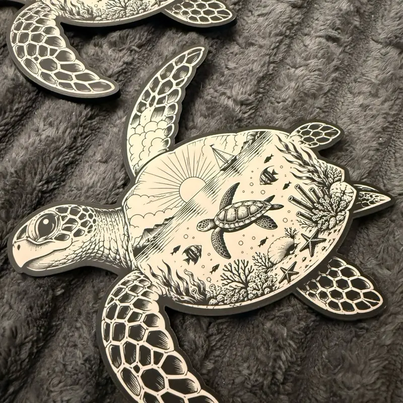 Black Frosted Acrylic Engraved Sea Turtle 2-Piece Coaster Set, Kitchen Tableware Accessory