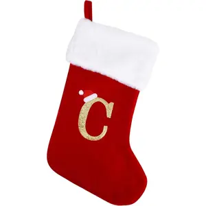 20 Inches Monogram Christmas Stockings with Letters, Large Super Soft Red Velvet Christmas Stockings with White Super Soft Plush Cuff for Christmas Xmas Tree Holiday Fireplace (C)