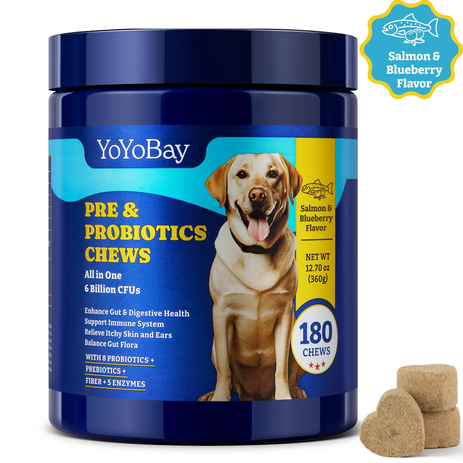 Dog Probiotics Soft Chews - Salmon & Blueberry Flavor Digestive Aid with 8 Probiotics, 5 Enzymes, Prebiotics - 6B CFUs, 180 Count - Supports Gut Balance, Immunity Boost, Skin Health