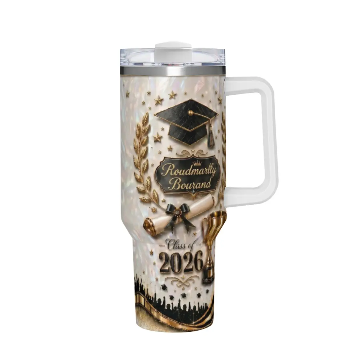 Insulated Stainless Steel Reusable Coffee Tumbler - Stylish Graduation Cap Design, Iridescent Pearl Finish, Printed Laurel Trophy Diploma Graphic, Anti-Slip Handle, Lidded Portable Water Bottle for Daily Commute, Grad Gift, Insulation, Straw