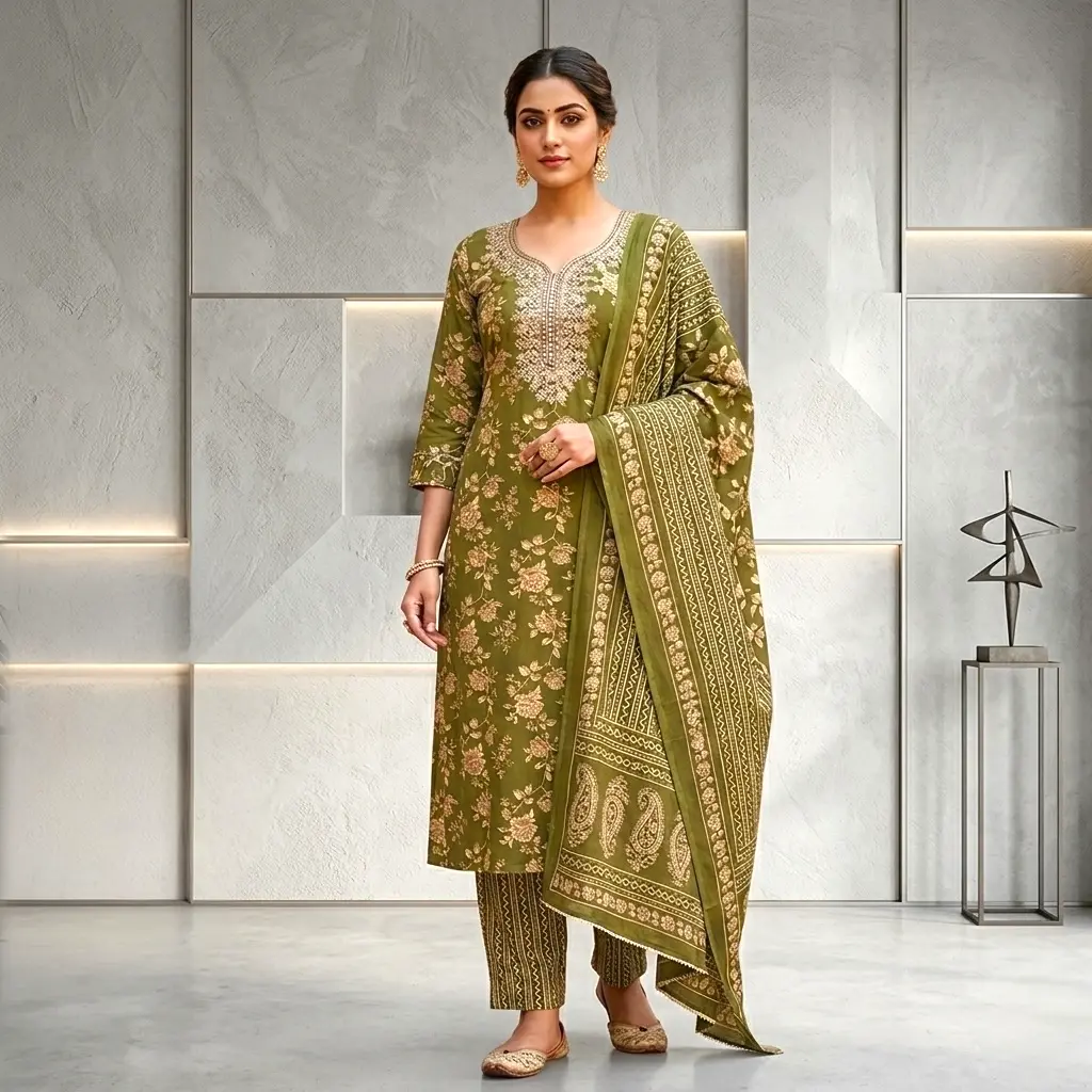 Floral Print Mirror Work Straight Kurta Set