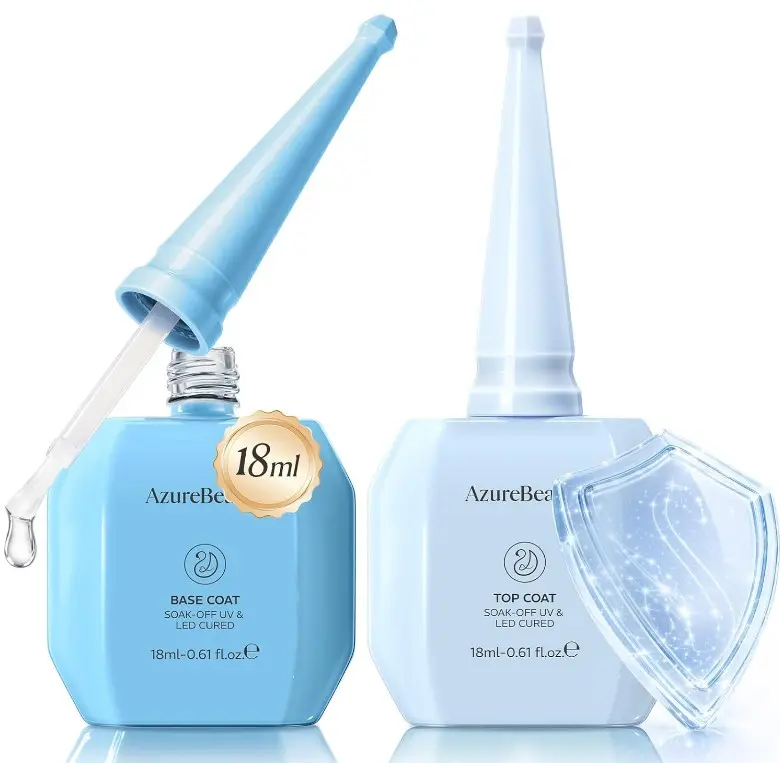 AZUREBEAUTY 18ml Gel Base and Top Coat Set – No Wipe High Gloss Soak Off UV/LED Nail Polish, Long-Lasting Clear Gel for Smooth Shiny Manicure