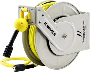 M MINGLE Retractable Pressure Washer Hose Reel, 1/4" × 60ft Heavy Duty Professional Hose Reel, Auto Rewind Power Washer Hose Reel, Wall/Floor Mounted, 3600 PSI fathersdaygift