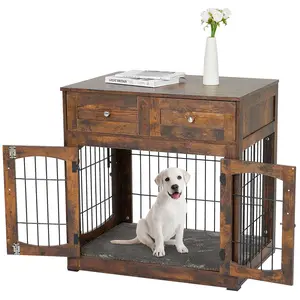 Heavy Duty Dog Crate Furniture - Stop Ruining Your Living Room! Luxury Wooden Dog Kennel End Table Side Board for Large Dogs up to 130 lbs, 3-Door Pet House Cage with Cushion & Storage Drawers, Home Decor Saver, Fast US Shipping