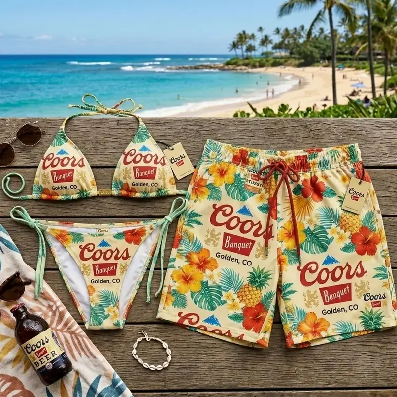 Vintage Coors Matching Couple Swimwear Set 2026 – Retro Floral Bikini & Beach Shorts, Funny Beer Core Summer Vacation Outfit