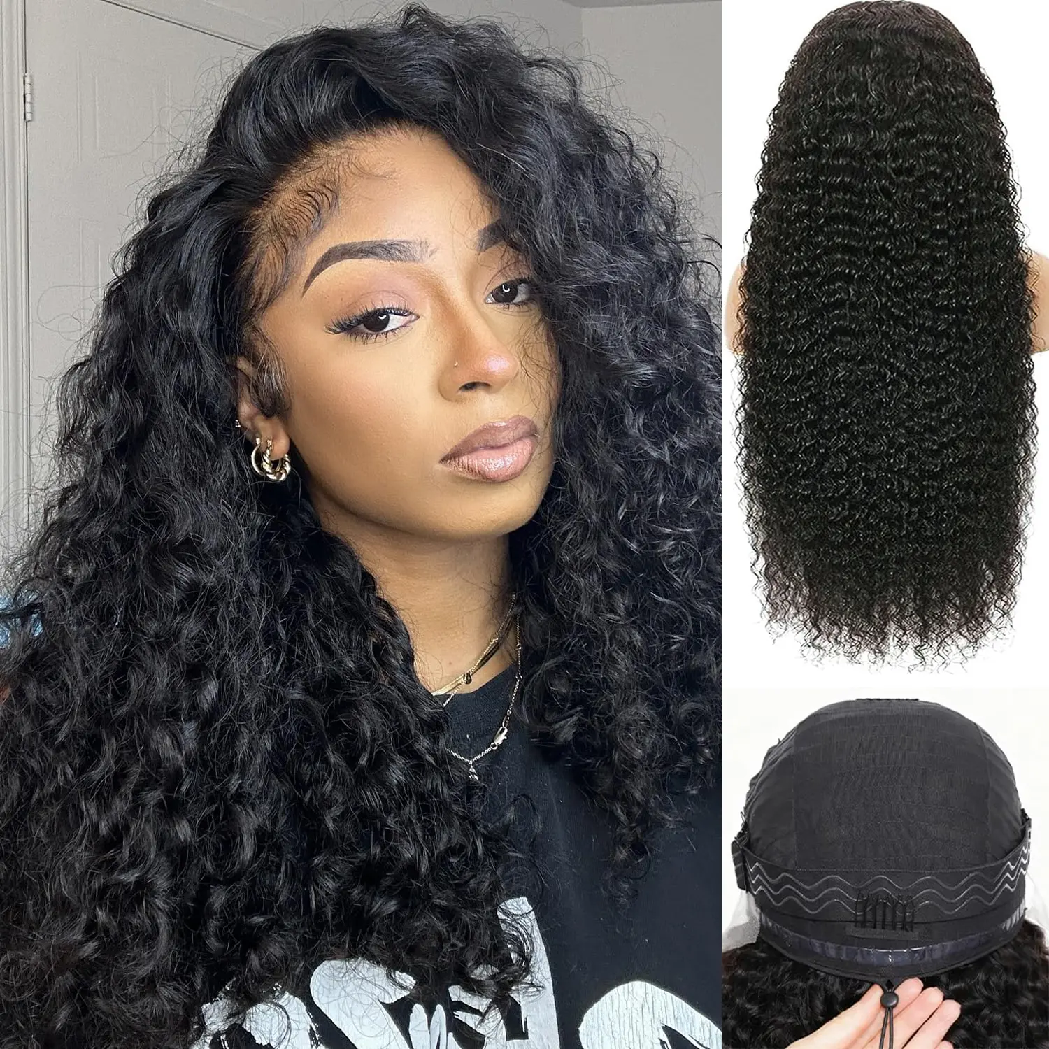 Half Wig Human Hair Water Wave 3 In 1 Curly Wigs for Black Women 24 Inch | 220% Density Flip Over Drawstring Glueless Ready to Go No Headband Wig Beginner Friendly No Glue No Lace Natural Black Color