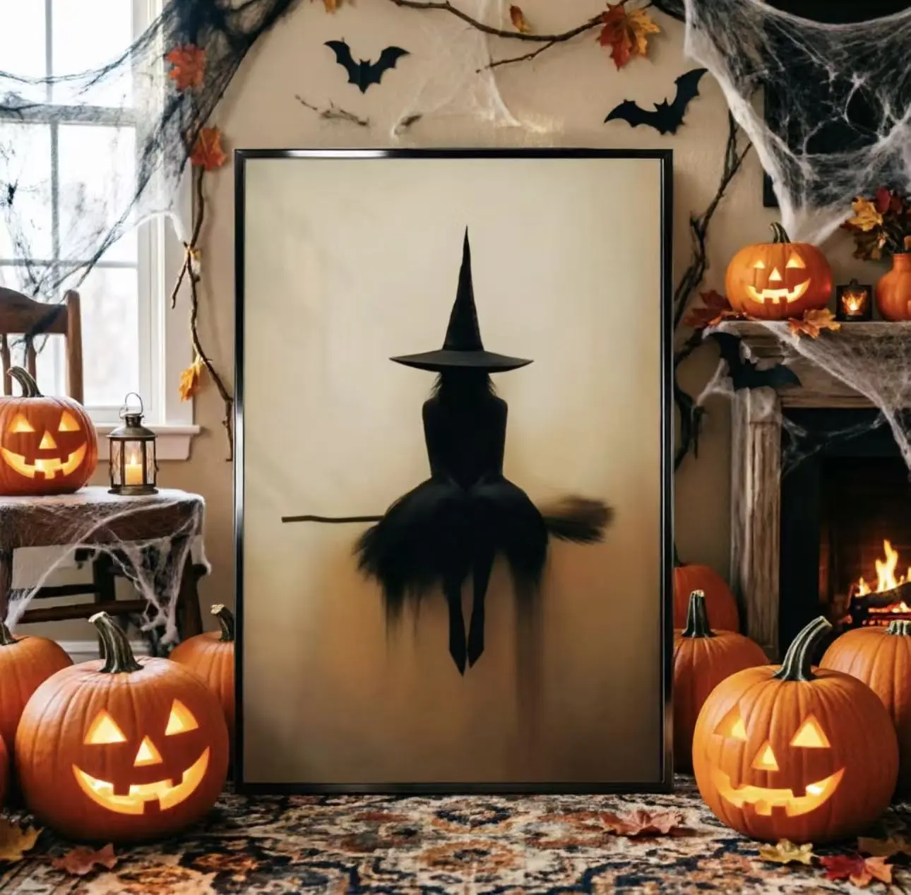 Spooky Witch Broom Canvas Wall Art - Beige Black Minimalist Gothic Horror Vintage Home Decor, Easy-to-Hang Witchy Painting for Living Room, Perfect 10/31 Gift for Haunted Home Aesthetic Posters & Prints, Wall Decor Pictures