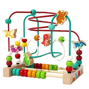 Dinosaur Bead Maze Toy, Wooden Montessori Activity Center with Counting and Shape Matching for Toddlers 1-4, Perfect for Screen-Free Learning and Fine Motor Skills Development, All-in-One Educational Toy with Colorful Dinosaur Design