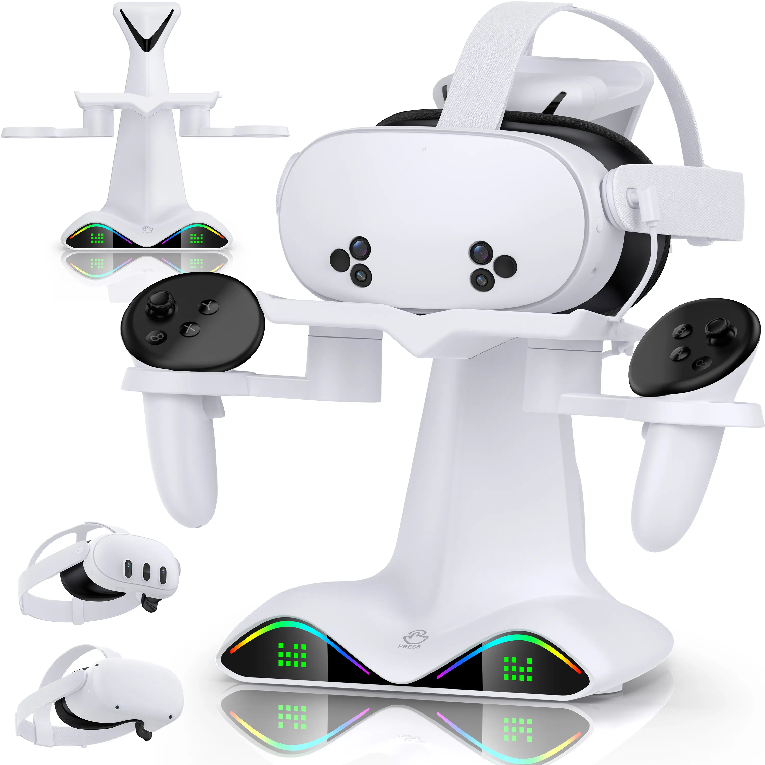 ESYWEN VR Charging Stand Base for Storing Meta Quest 2-3-3S Headset, 15W AC Adapter USB Charging, Simultaneous Host & Supporting Battery Charging, 4 Pcs 1100mAh Rechargeable NiMH Controller Batteries, LED Lights