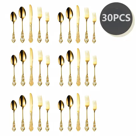 30-Piece Embossed Retro Royal Stainless Steel Gold Silverware Set - Rust-Free, BPA-Free, Chip-Resistant Luxury Cutlery for Adult Home Dining - Baroque Handles Add Regal Charm, Elegant Gift Tableware