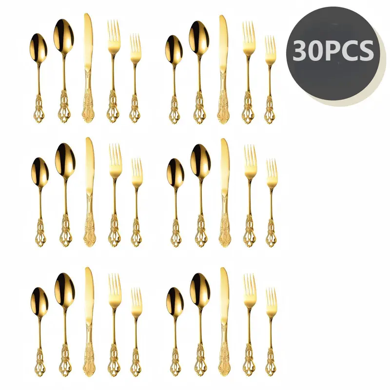 30-Piece Embossed Retro Royal Stainless Steel Gold Silverware Set - Rust-Free, BPA-Free, Chip-Resistant Luxury Cutlery for Adult Home Dining - Baroque Handles Add Regal Charm, Elegant Gift Tableware