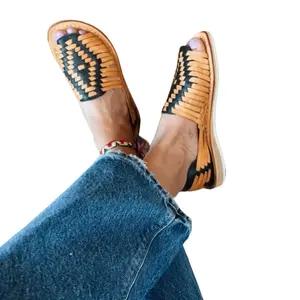 Huarache Sandal Boho Vintage Mexican Style - Leather Black/ Tan, All Sizes, Women's Footwear