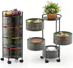 4-Tier Rotating Steel Hollow Storage Cart - Kitchen Snack Cart, Metal Home Organizer with Top Lid and Large Wire Wheels, Black