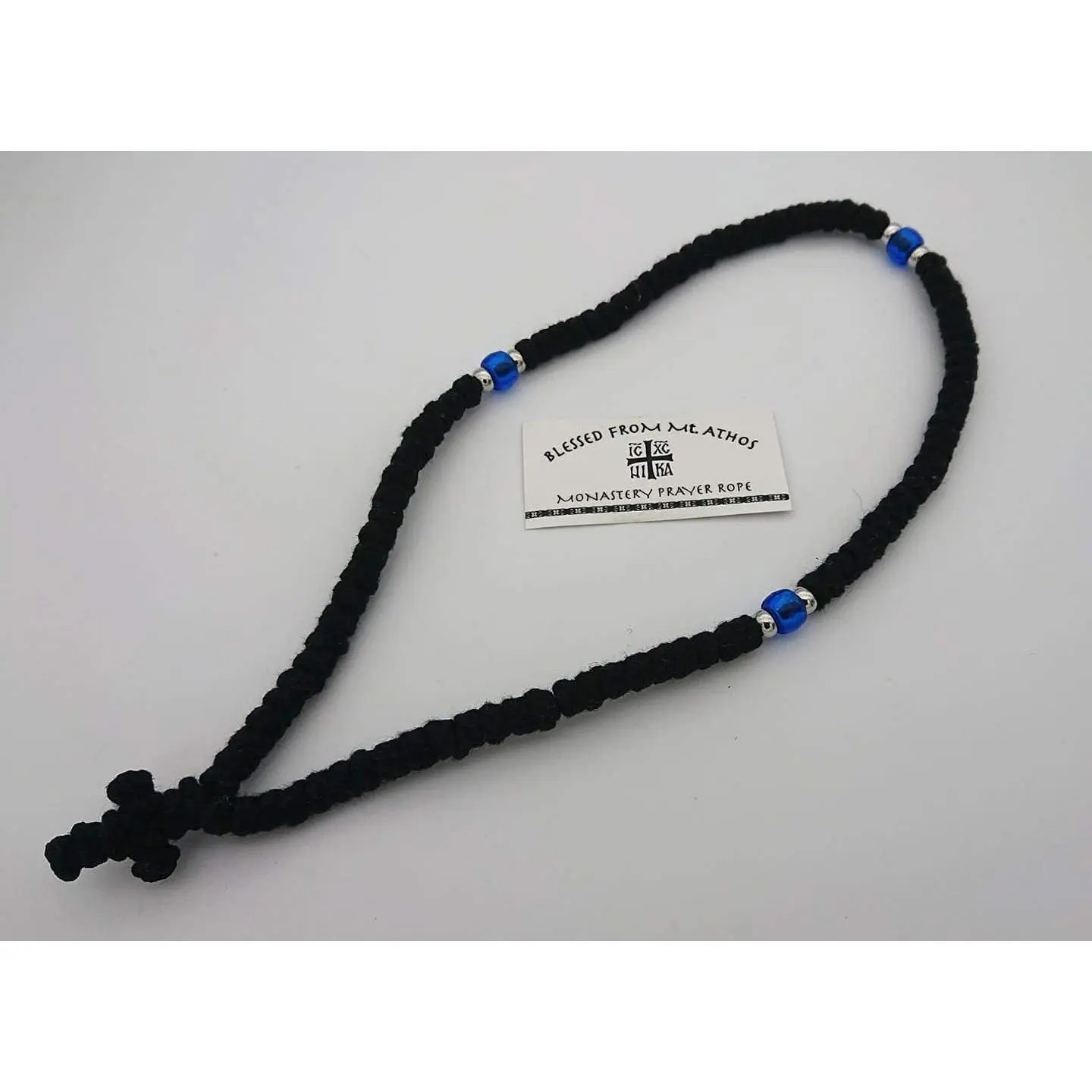 Blessed Handmade 100 Knots Prayer Rope Greek Russian Komboskoini Christian Orthodox Black with Blue Beads and Black Cross from Mt Athos