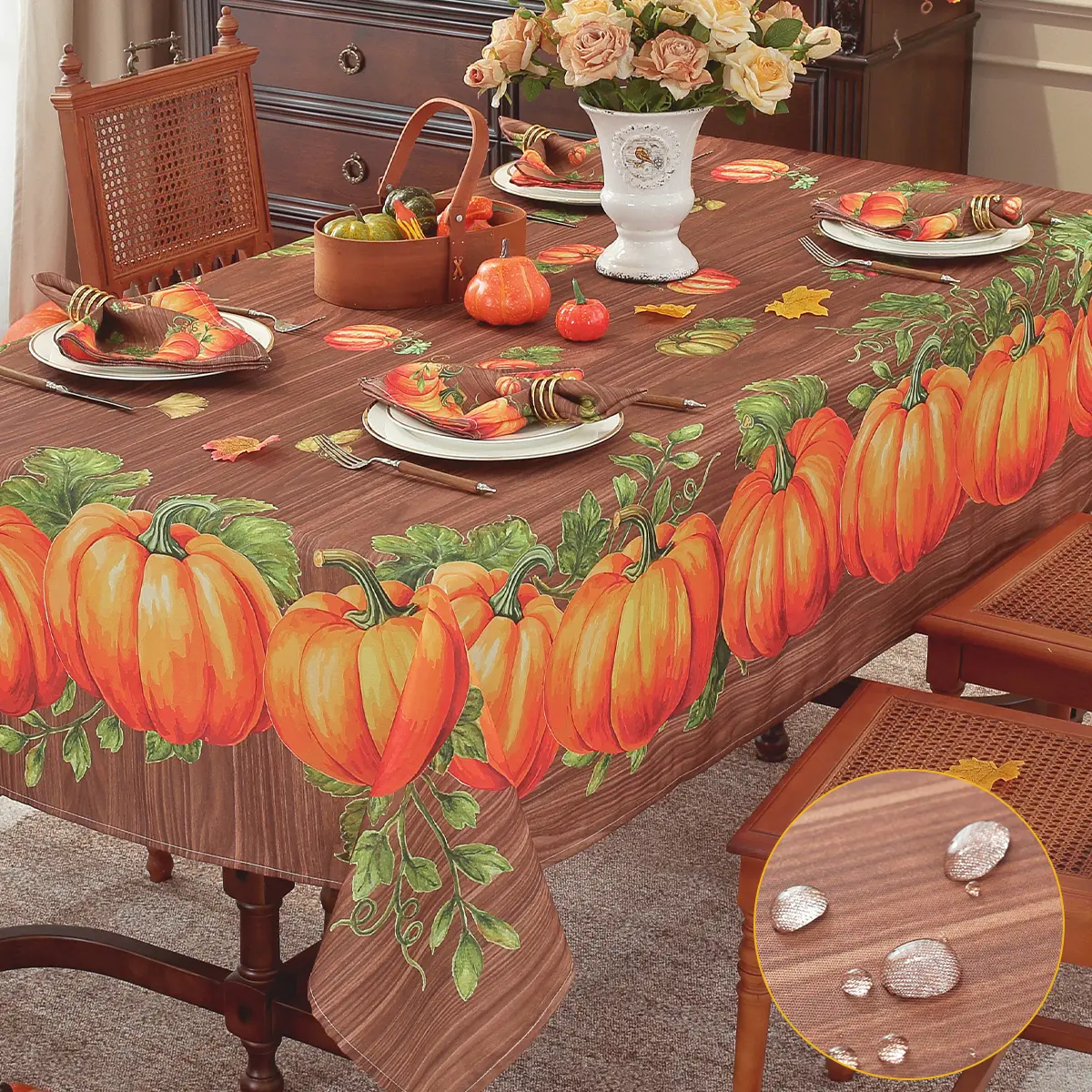 Fall Tablecloth 60x102 Inch Rectangle, Woodgrain Pumpkin Print Waterproof Wrinkle-Resistant Table Cover for Autumn Thanksgiving Harvest Dining Kitchen Decor