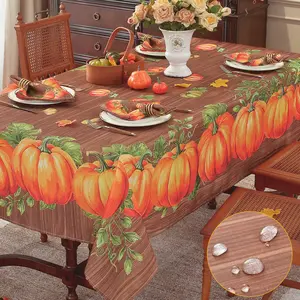 Fall Tablecloth 60x102 Inch Rectangle, Woodgrain Pumpkin Print Waterproof Wrinkle-Resistant Table Cover for Autumn Thanksgiving Harvest Dining Kitchen Decor