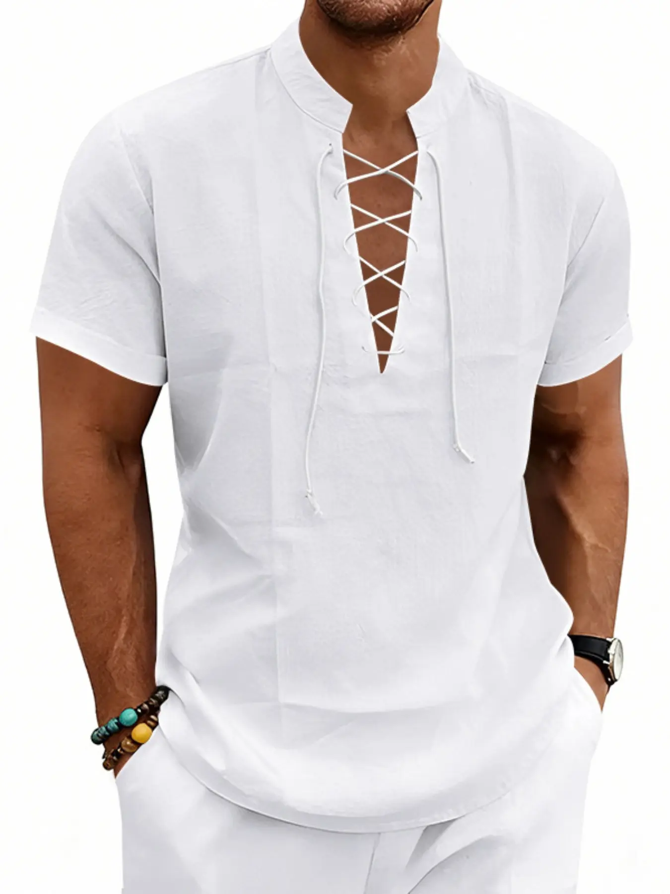 Men's Lightweight Breathable Natural Linen Long Sleeve Shirt with Drawstring Neck, Casual Stylish Plain Polo Shirt for Spring & Fall, Perfect for Daily Commute or Vacation