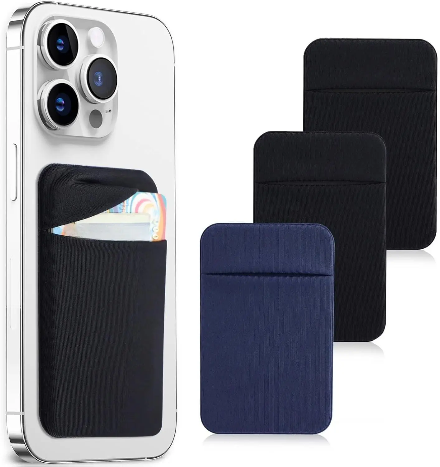 3Pack Fashion Solid Colors Stick-On Smartphone Card Holder Pocket - Spandex Stretch Fabric, Self-Adhesive, Secure Flap Closure, for Back of Mobile Phones, Fits iPhone, Samsung Galaxy A8/A6, Note 9/8/5/4/3/2/1, Nexus 6/5/4 (2Black+1Navy Blue)