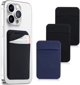 3Pack Cell Phone Card Holder Pocket for Back of Phone,Stretchy Stick on Wallet Credit Card ID Case Pouch Sleeve Self Adhesive Sticker with Flap for iPhone Samsung Galaxy-2Black+1Navy Blue