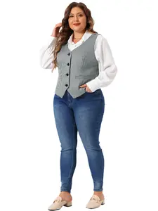 Agnes Orinda Plus Size Waistcoat Vests for Women Sleeveless V Neck Plaid Vintage Work Button with Pockets Vests